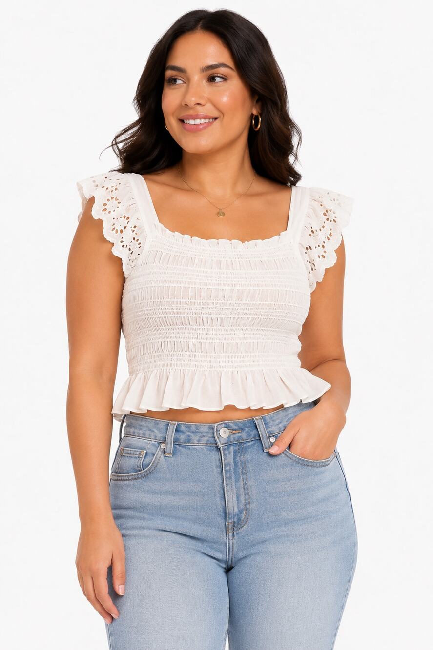 Good Luck Girl Women's White Lace Smocked Crop Top Ruffle Eyelet Size L NWT